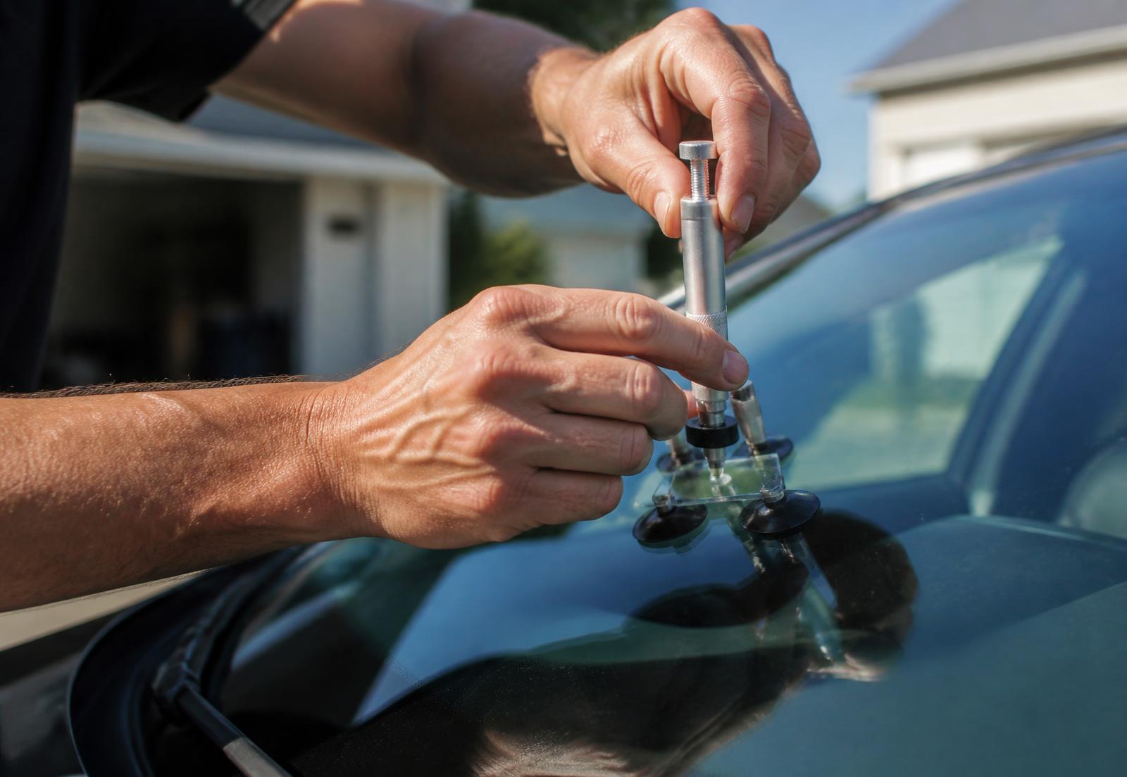 Technician repairing a rock chip in a car windshield on-site in a driveway